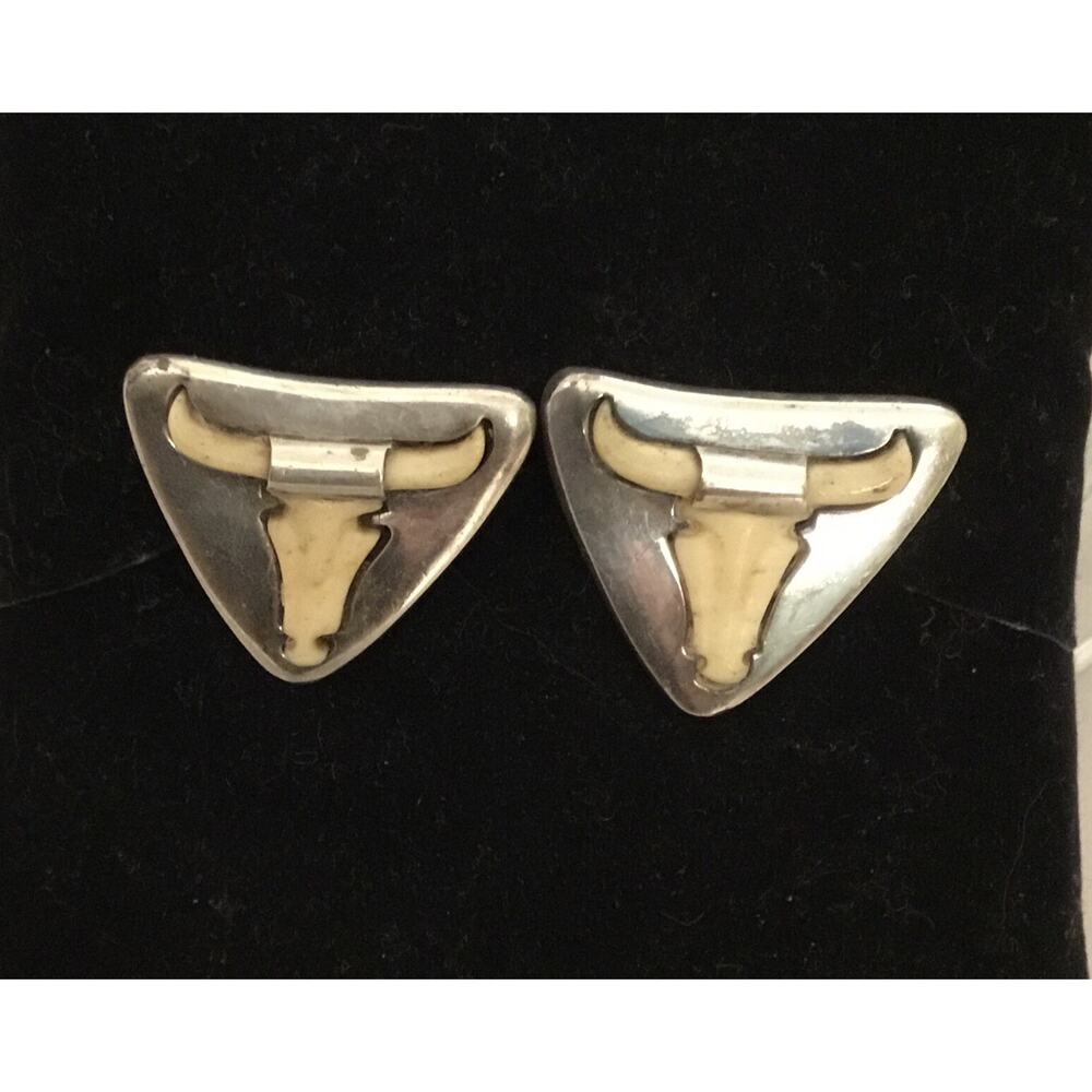 Vintage Salvador Teran Sterling/Carved Steer Head Earrings Taxco Mexico RARE